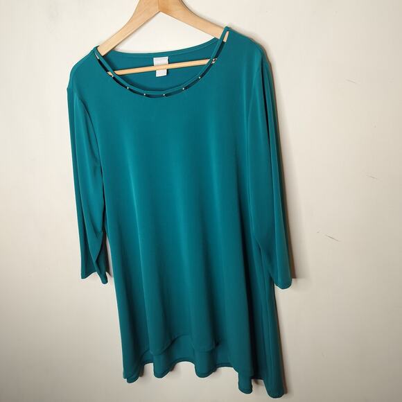Chico's Stretch Tunic Beaded Neckline Hi Low Hem - Picture 4 of 8